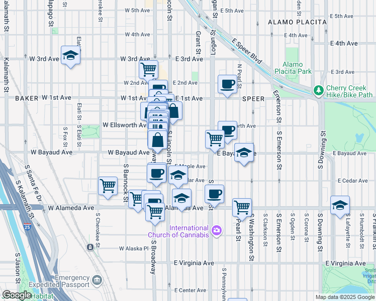 map of restaurants, bars, coffee shops, grocery stores, and more near 56 South Sherman Street in Denver