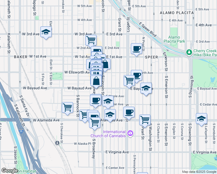 map of restaurants, bars, coffee shops, grocery stores, and more near 56 South Sherman Street in Denver