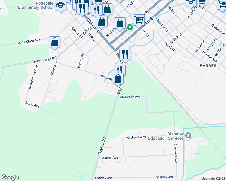 map of restaurants, bars, coffee shops, grocery stores, and more near 1015 Poppy Street in Chico