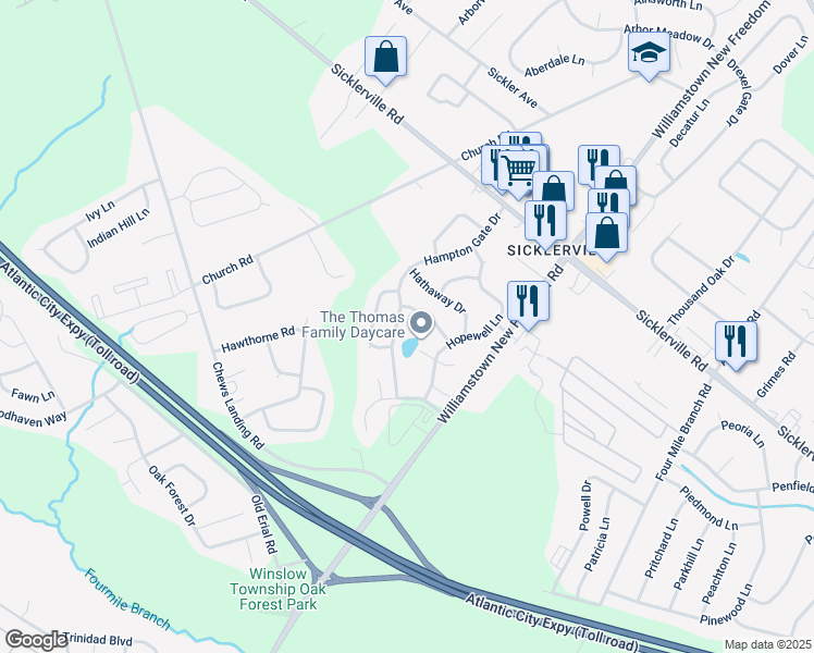 map of restaurants, bars, coffee shops, grocery stores, and more near 27 Harrington Lane in Winslow Township