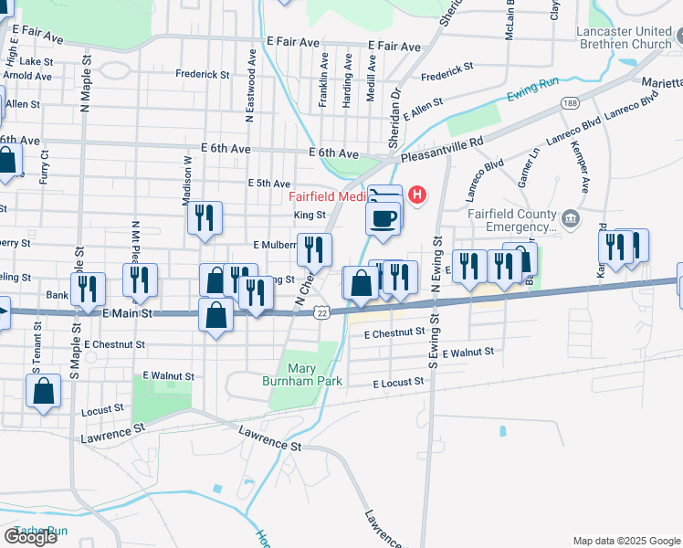 map of restaurants, bars, coffee shops, grocery stores, and more near 254 Sater Drive in Lancaster