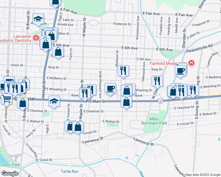 map of restaurants, bars, coffee shops, grocery stores, and more near 630 East Mulberry Street in Lancaster