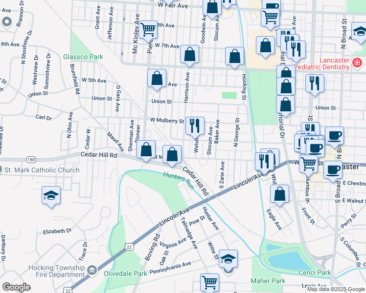 map of restaurants, bars, coffee shops, grocery stores, and more near 206 Harrison Avenue in Lancaster