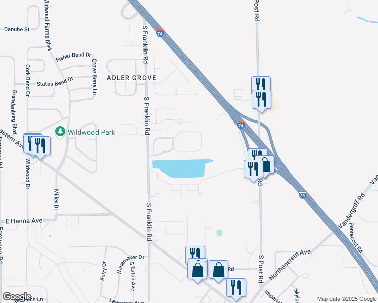map of restaurants, bars, coffee shops, grocery stores, and more near 8505 Faywood Drive in Indianapolis