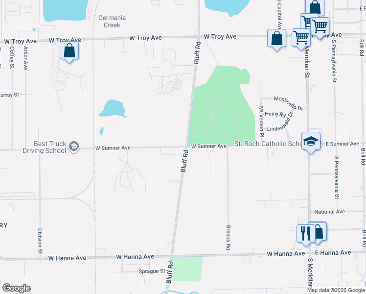 map of restaurants, bars, coffee shops, grocery stores, and more near 3506 Bluff Road in Indianapolis