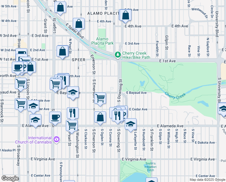map of restaurants, bars, coffee shops, grocery stores, and more near 99 South Downing Street in Denver