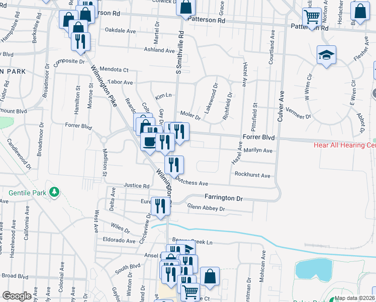 map of restaurants, bars, coffee shops, grocery stores, and more near 1345 Phoenix Place in Dayton