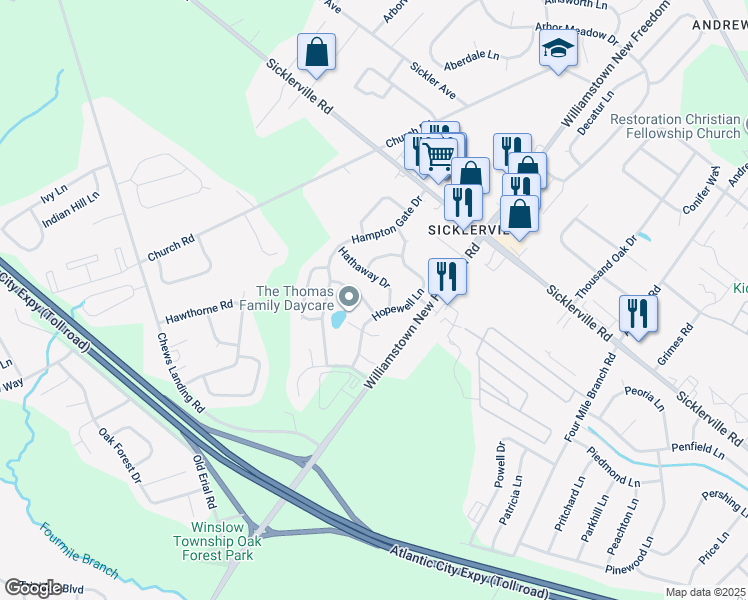 map of restaurants, bars, coffee shops, grocery stores, and more near 4 Harrington Lane in Winslow Township