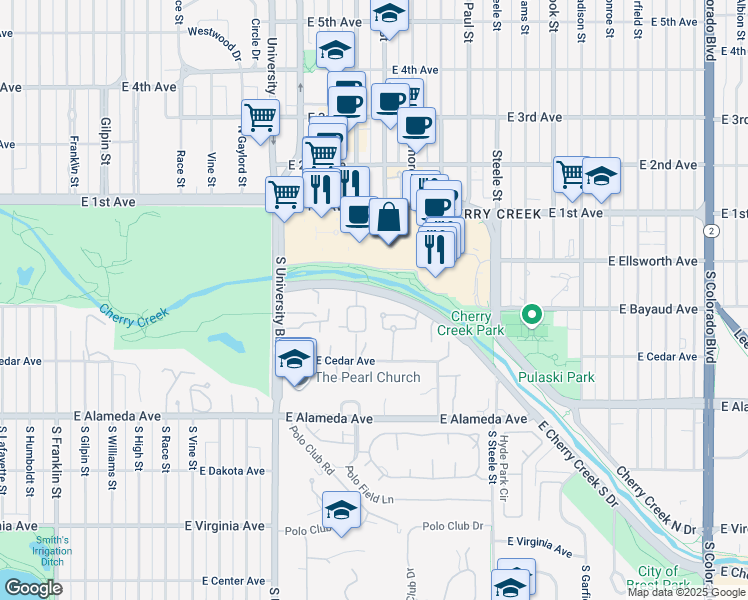 map of restaurants, bars, coffee shops, grocery stores, and more near 2700 Cherry Creek South Drive in Denver
