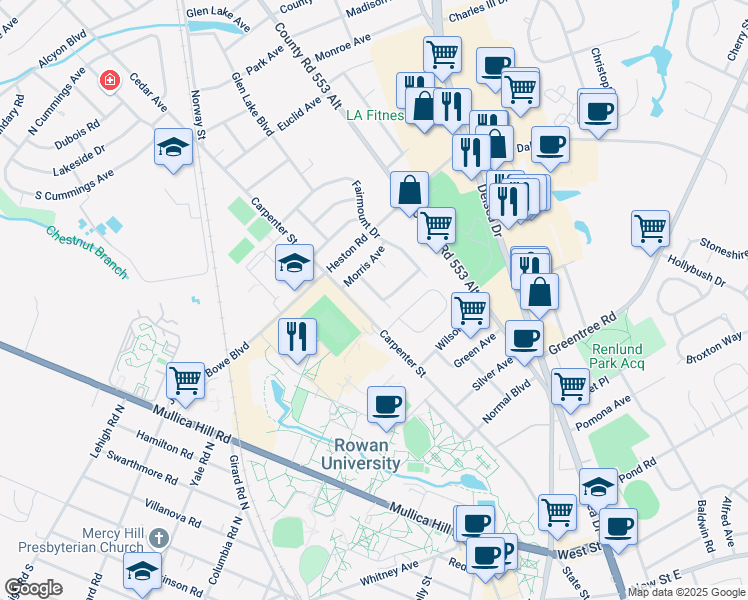map of restaurants, bars, coffee shops, grocery stores, and more near 607 Shaw Avenue in Glassboro