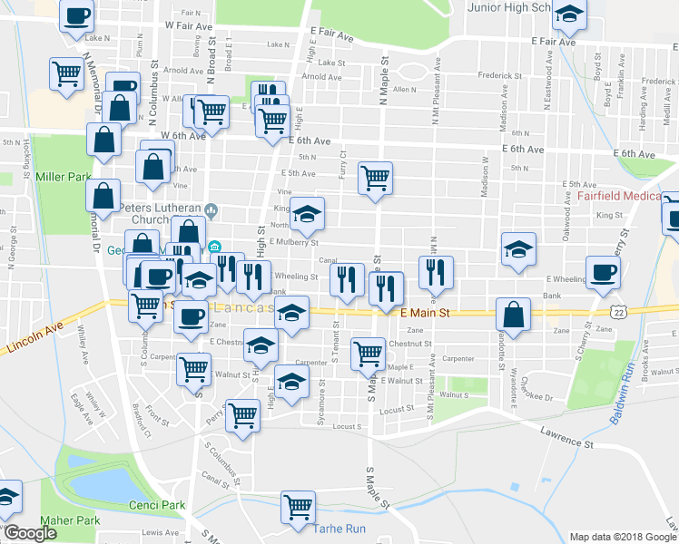 map of restaurants, bars, coffee shops, grocery stores, and more near 401 East Wheeling Street in Lancaster
