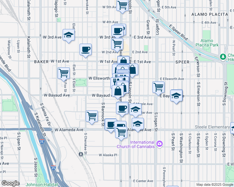 map of restaurants, bars, coffee shops, grocery stores, and more near 99 South Broadway in Denver