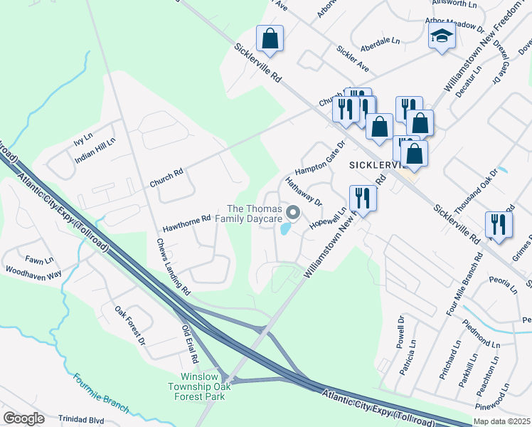map of restaurants, bars, coffee shops, grocery stores, and more near 16 Hyacinth Lane in Winslow Township