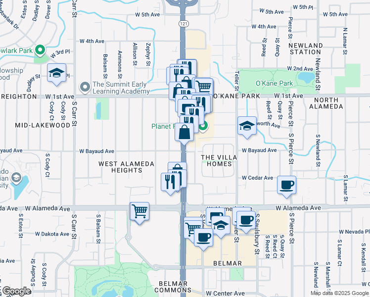map of restaurants, bars, coffee shops, grocery stores, and more near 98 South Wadsworth Boulevard in Lakewood