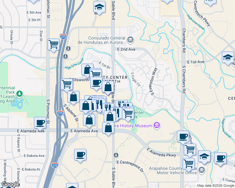 map of restaurants, bars, coffee shops, grocery stores, and more near 100 South Sable Boulevard in Aurora
