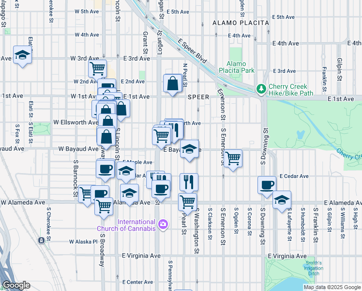map of restaurants, bars, coffee shops, grocery stores, and more near 57 South Pearl Street in Denver