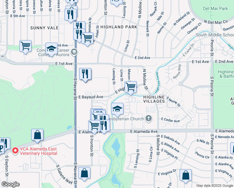 map of restaurants, bars, coffee shops, grocery stores, and more near 10 Lansing Street in Aurora