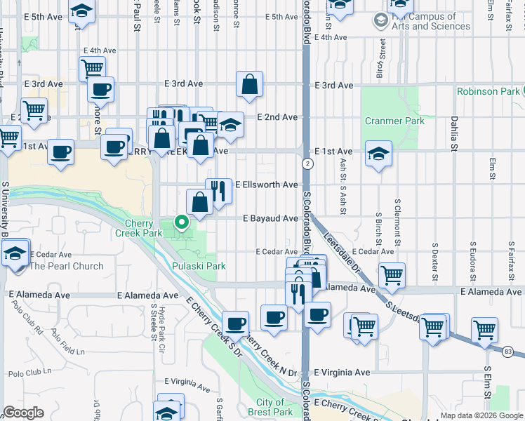 map of restaurants, bars, coffee shops, grocery stores, and more near 35 South Jackson Street in Denver