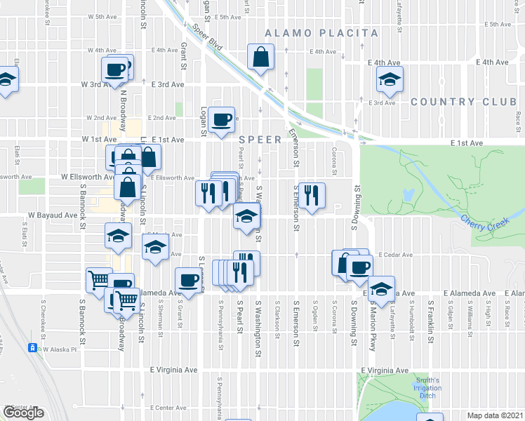 map of restaurants, bars, coffee shops, grocery stores, and more near 52 South Washington Street in Denver