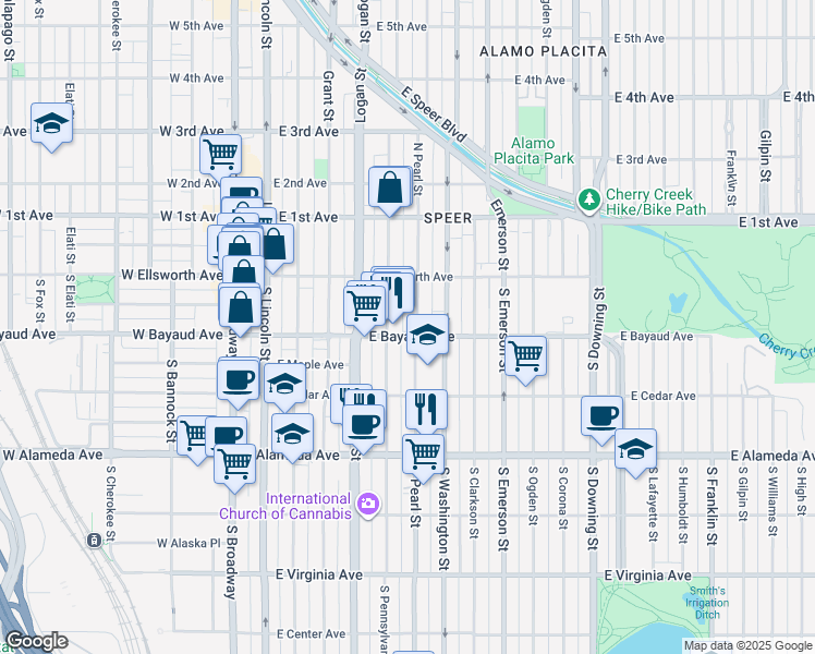 map of restaurants, bars, coffee shops, grocery stores, and more near 57 South Pearl Street in Denver