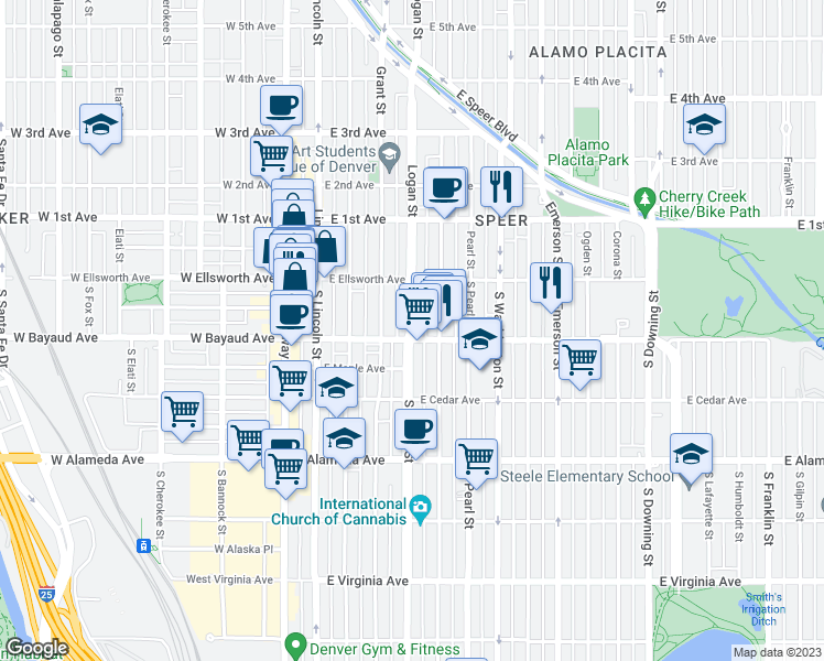 map of restaurants, bars, coffee shops, grocery stores, and more near 53 South Pennsylvania Street in Denver
