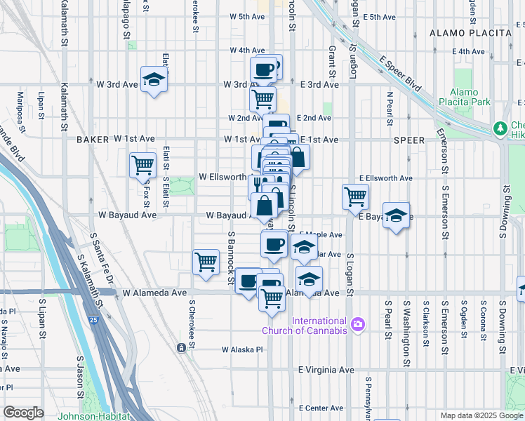 map of restaurants, bars, coffee shops, grocery stores, and more near in Denver