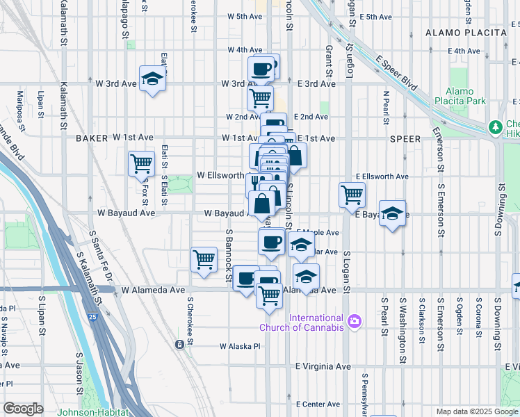 map of restaurants, bars, coffee shops, grocery stores, and more near 82 South Broadway in Denver