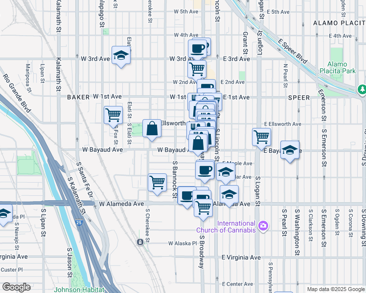 map of restaurants, bars, coffee shops, grocery stores, and more near 80 West Archer Place in Denver