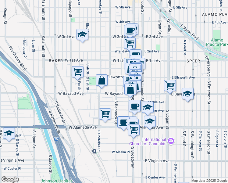 map of restaurants, bars, coffee shops, grocery stores, and more near 134 West Archer Place in Denver