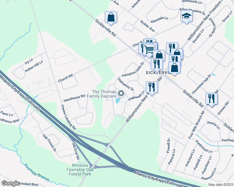 map of restaurants, bars, coffee shops, grocery stores, and more near 27 Harrington Lane in Winslow Township