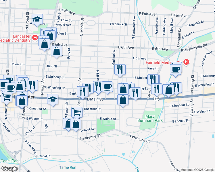 map of restaurants, bars, coffee shops, grocery stores, and more near 630 East Mulberry Street in Lancaster