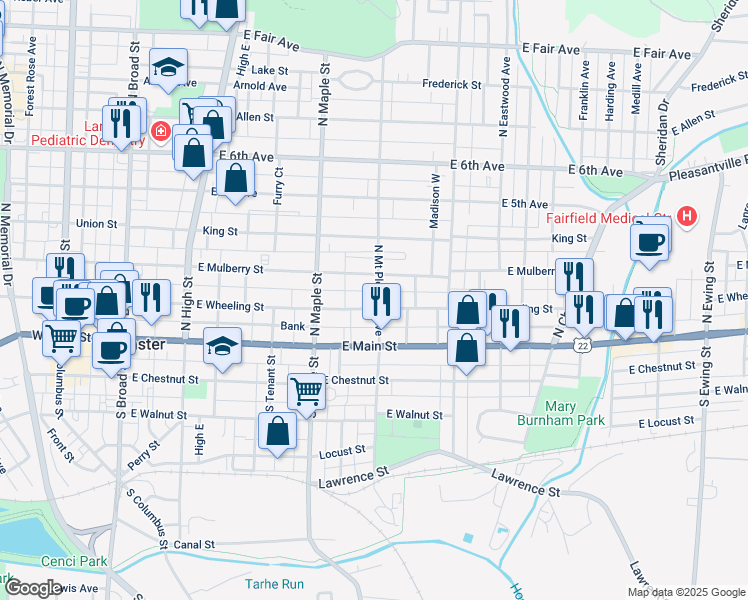 map of restaurants, bars, coffee shops, grocery stores, and more near 532 East Mulberry Street in Lancaster