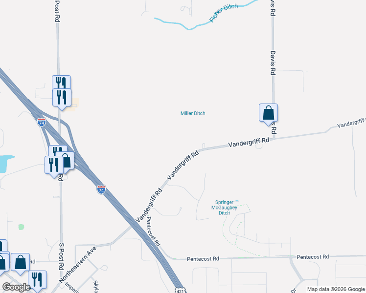 map of restaurants, bars, coffee shops, grocery stores, and more near 9570 Vandergriff Road in Indianapolis