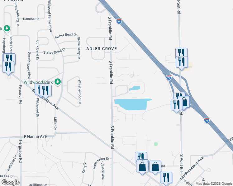 map of restaurants, bars, coffee shops, grocery stores, and more near 8515 Faywood Drive in Indianapolis