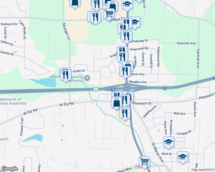 map of restaurants, bars, coffee shops, grocery stores, and more near 3500 Navajo Street in Hannibal
