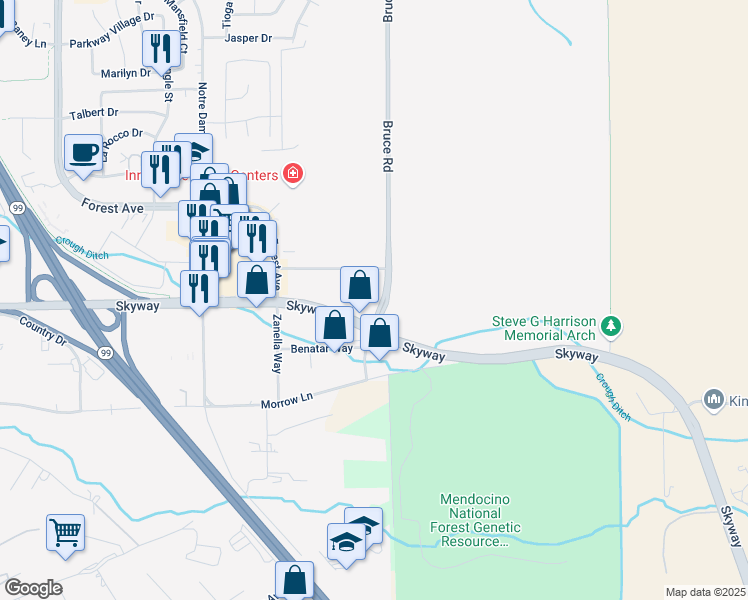map of restaurants, bars, coffee shops, grocery stores, and more near Bruce Road in Chico