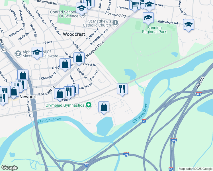 map of restaurants, bars, coffee shops, grocery stores, and more near 417 Forest Drive in Wilmington