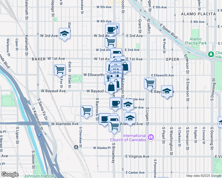 map of restaurants, bars, coffee shops, grocery stores, and more near 99 South Broadway in Denver