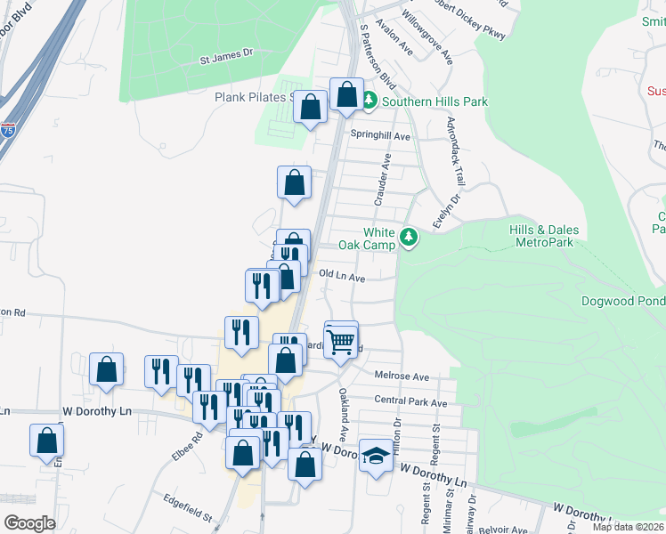 map of restaurants, bars, coffee shops, grocery stores, and more near 1572 Glenbeck Avenue in Dayton