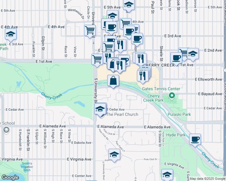 map of restaurants, bars, coffee shops, grocery stores, and more near 2500 Cherry Creek South Drive in Denver