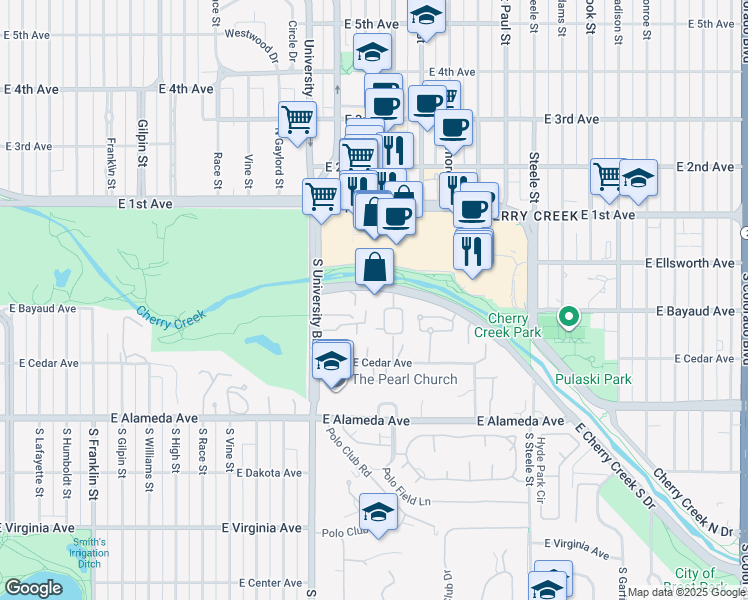map of restaurants, bars, coffee shops, grocery stores, and more near 2500 Cherry Creek South Drive in Denver