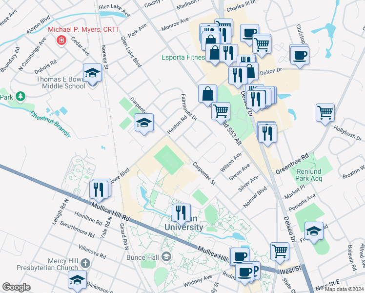 map of restaurants, bars, coffee shops, grocery stores, and more near 610 Carpenter Street in Glassboro