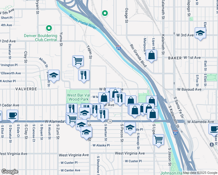 map of restaurants, bars, coffee shops, grocery stores, and more near 1600 West Archer Place in Denver