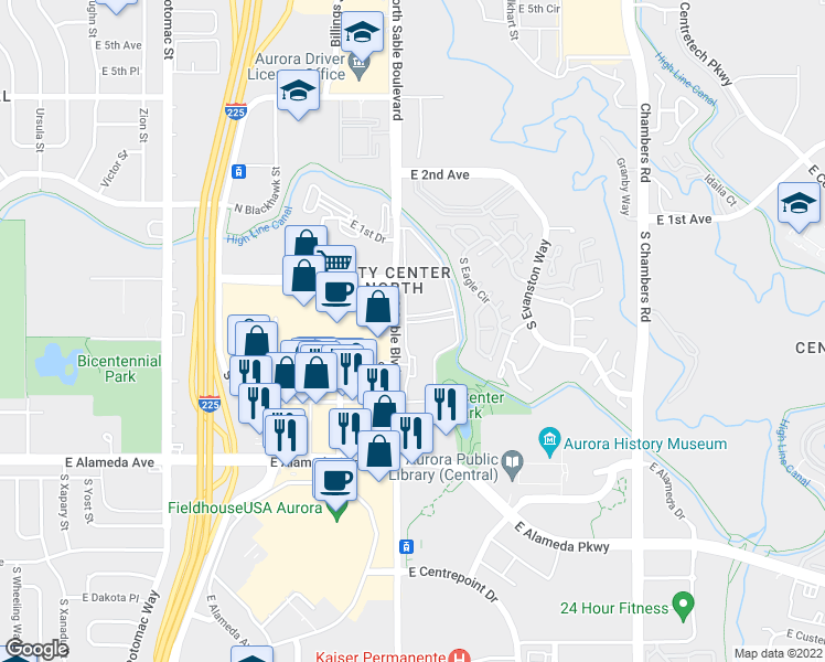 map of restaurants, bars, coffee shops, grocery stores, and more near 100 South Sable Boulevard in Aurora
