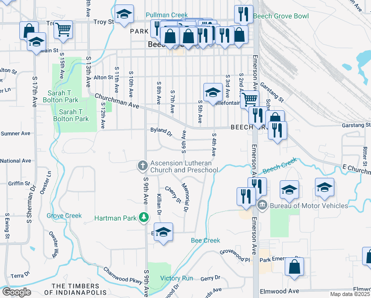 map of restaurants, bars, coffee shops, grocery stores, and more near in Beech Grove
