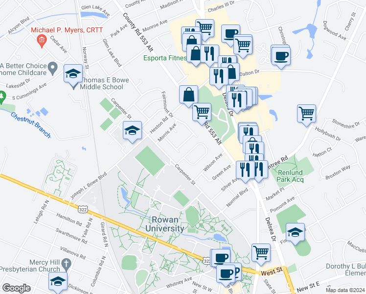 map of restaurants, bars, coffee shops, grocery stores, and more near 608 Whitman Street in Glassboro