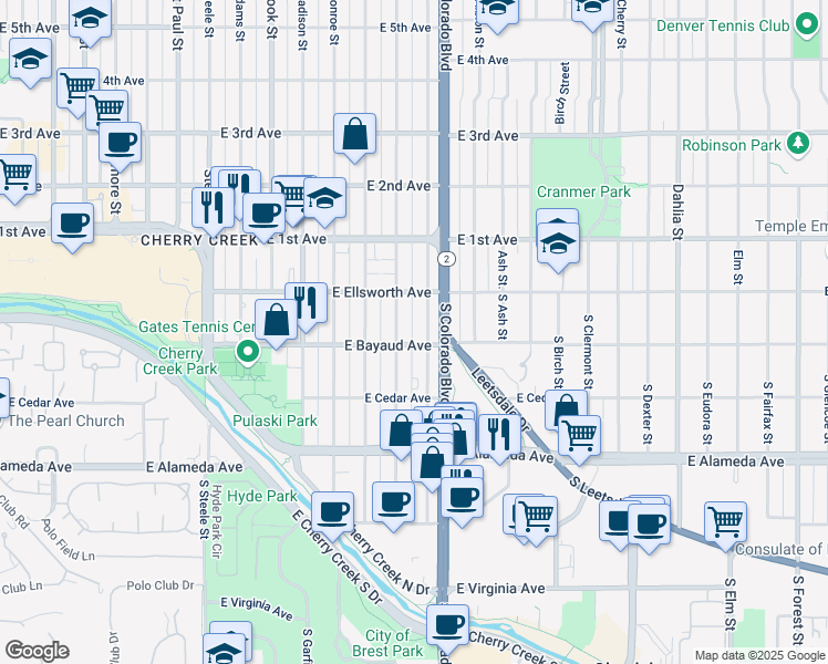 map of restaurants, bars, coffee shops, grocery stores, and more near 63 South Harrison Street in Denver