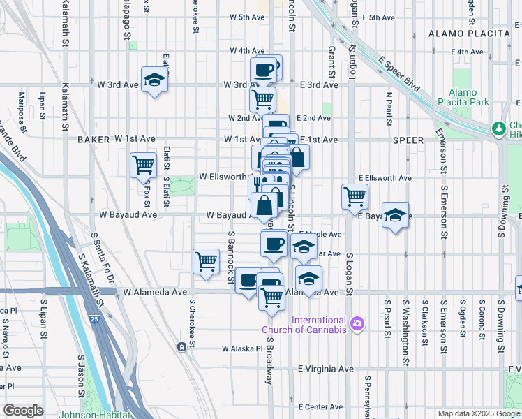 map of restaurants, bars, coffee shops, grocery stores, and more near in Denver
