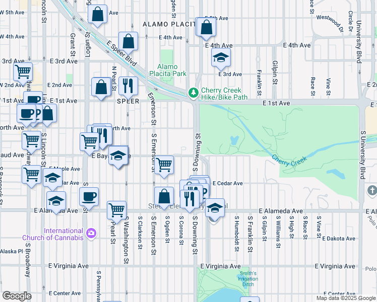 map of restaurants, bars, coffee shops, grocery stores, and more near 99 South Downing Street in Denver