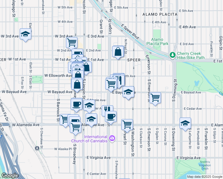 map of restaurants, bars, coffee shops, grocery stores, and more near 53 South Pennsylvania Street in Denver